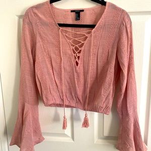 F21│Embroidered Long Sleeve Crop Top│Lace Up Front
